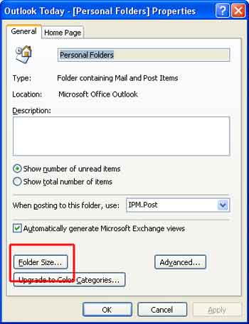 Folder Size MS Outlook 2007